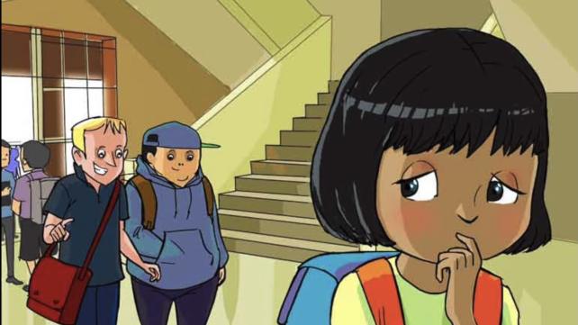 A cartoon of a child with a backpack Description automatically generated