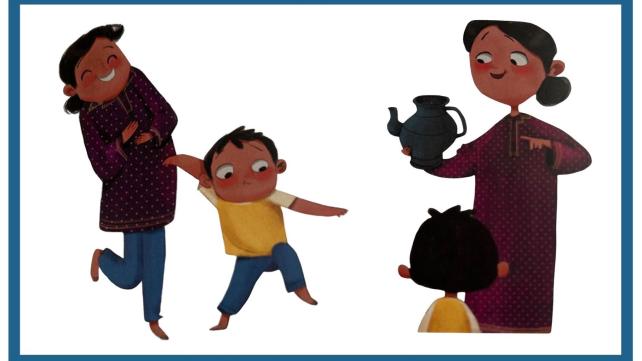 A person holding a pot and a child Description automatically generated