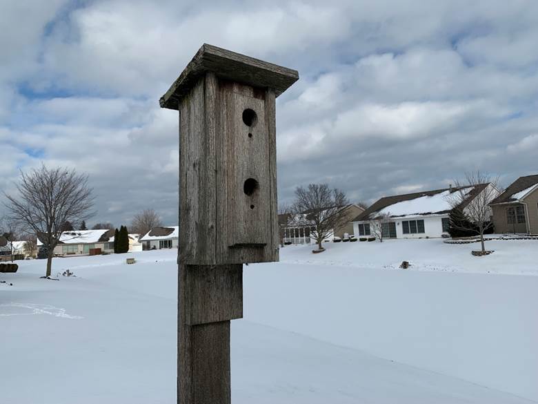 A birdhouse in a snowy field Description automatically generated