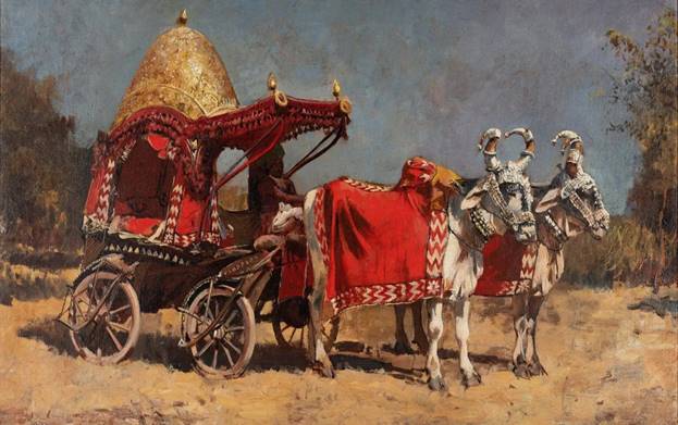 A horse carriage with a red blanket Description automatically generated