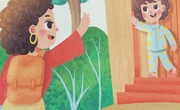 A child's drawing of a child waving Description automatically generated