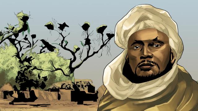 A person in a turban and a tree Description automatically generated