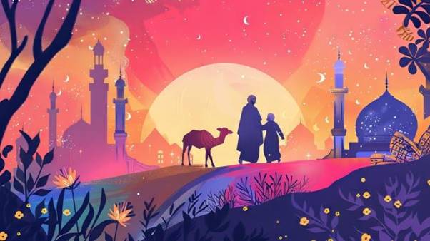 A person and child walking with camels in front of a sunset Description automatically generated