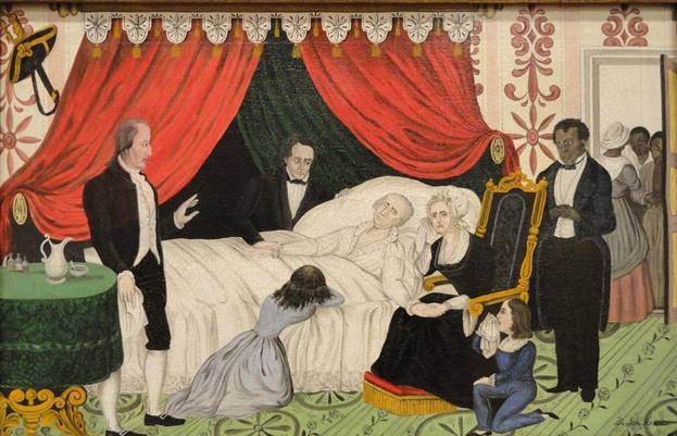 A painting of a family in a bed  AI-generated content may be incorrect.