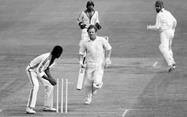 David Bairstow is run out for 4 runs by Michael Holding of West Indies off the last ball of the 1st Benson and Hedges World Series Cup Final between England and West Indies at the MCG, Melbourne, Australia, 20th January 1980