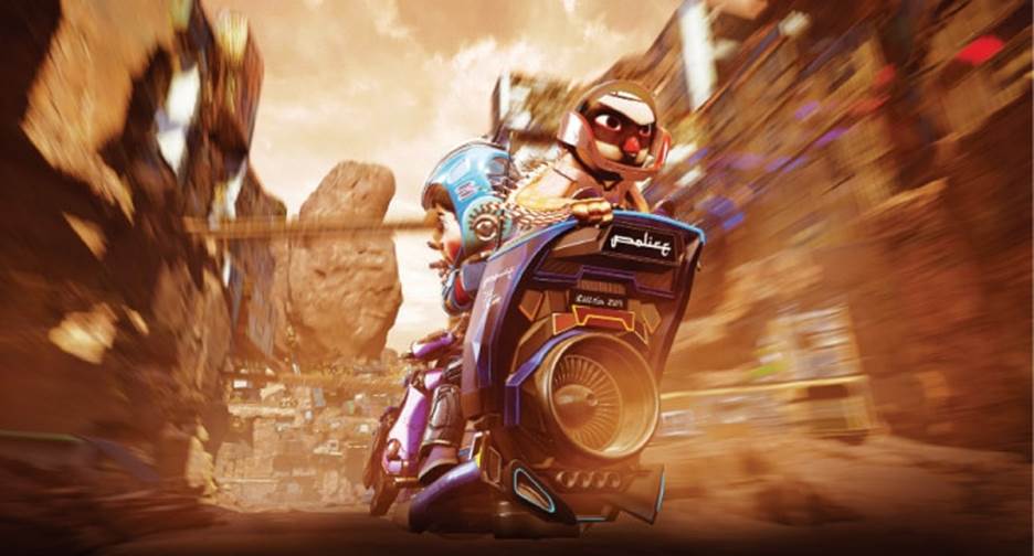 A cartoon character riding a motorcycle  Description automatically generated