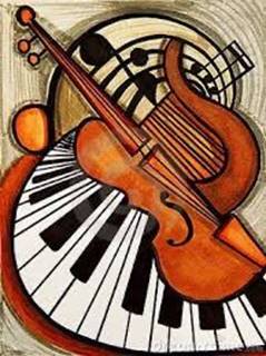 A drawing of a violin and piano keys Description automatically generated
