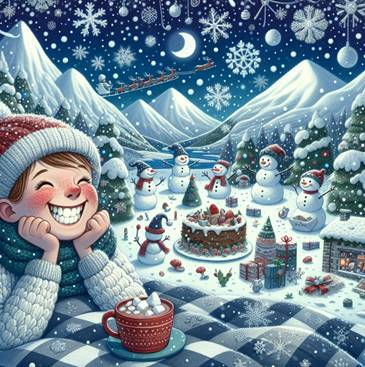 A child sitting in a blanket with a cup of hot chocolate Description automatically generated