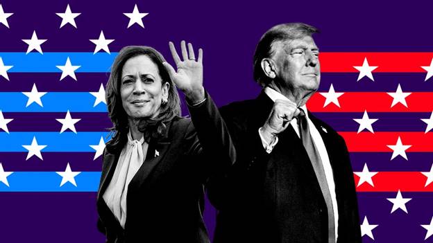 A digitally created collage featuring Kamala Harris and Donald Trump. Kamala Harris is on the left, wearing a suit with a white blouse and waving her hand. Donald Trump is on the right, wearing a suit with a white shirt and a tie, and he is making a fist gesture.