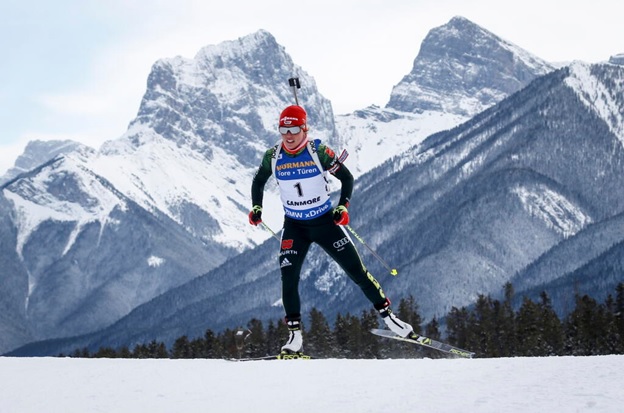 FILE - Germany's Laura Dahlmeier skis during the World Cup biathlon women's short 12.5-kilometer event in Canmore, Alberta, Thursday, Feb. 7, 2019. (Jeff McIntosh/The Canadian Press via AP, File)