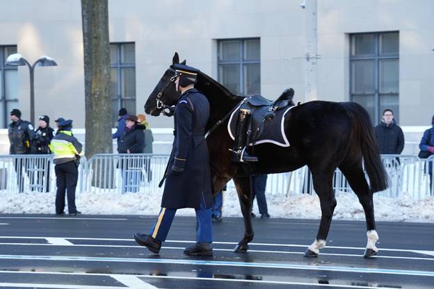 A person in a uniform walking with a horse Description automatically generated