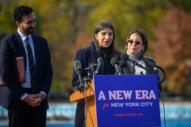 Lina Khan speaks during a press conference at the Unisphere in Queens on 5 November 2025. Photograph: Alexi J Rosenfeld/Getty Images