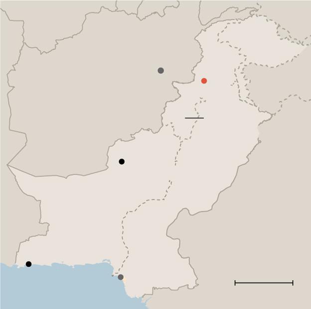 A map of pakistan with black and red dots Description automatically generated