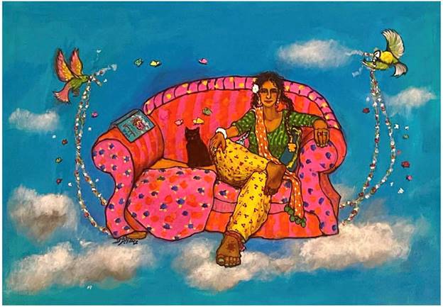 A person sitting on a couch Description automatically generated